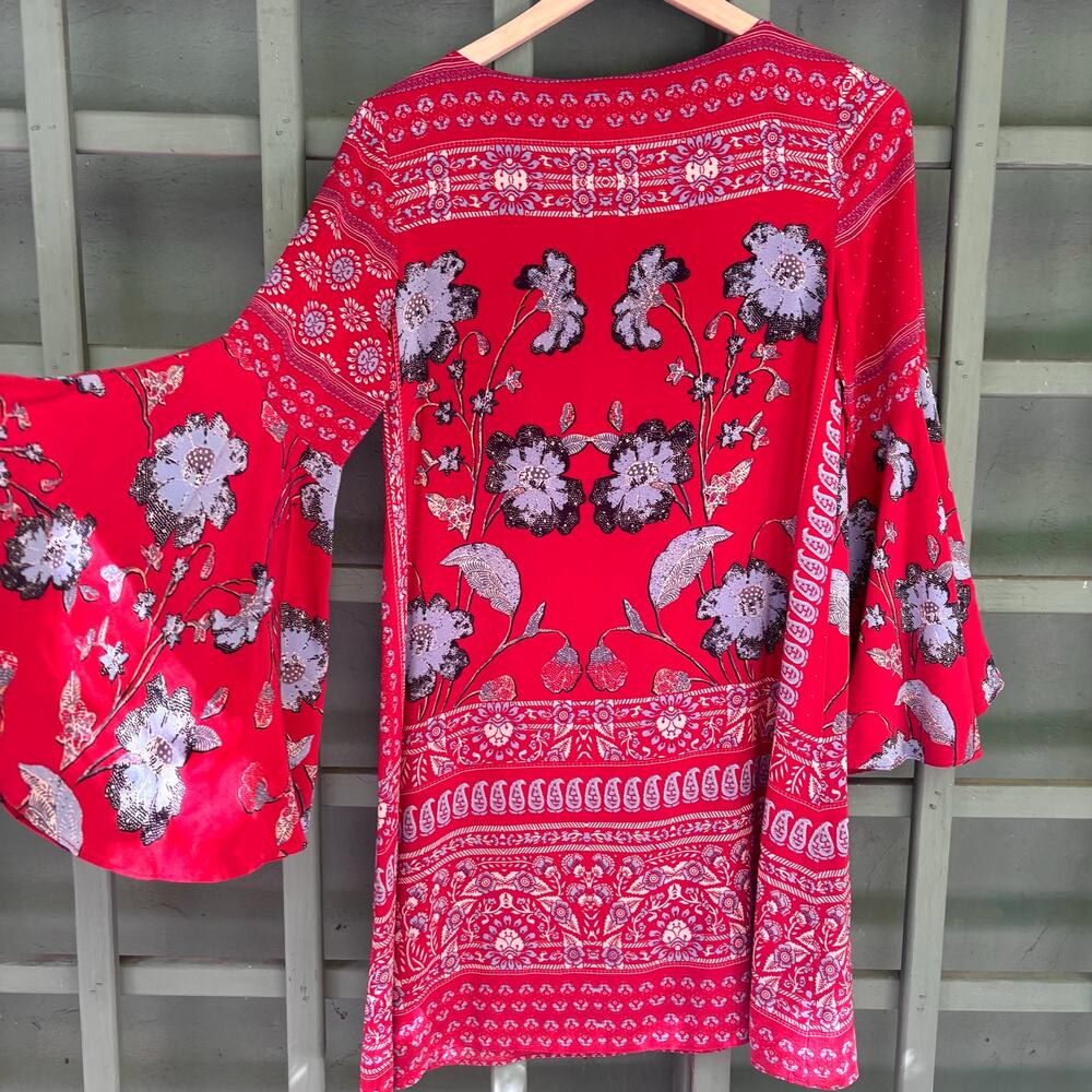 Vanessa Virginia Anthropologie Silk Mini Dress Red Floral Boho Bell Sleeve Sz4 - Picture 8 of 8